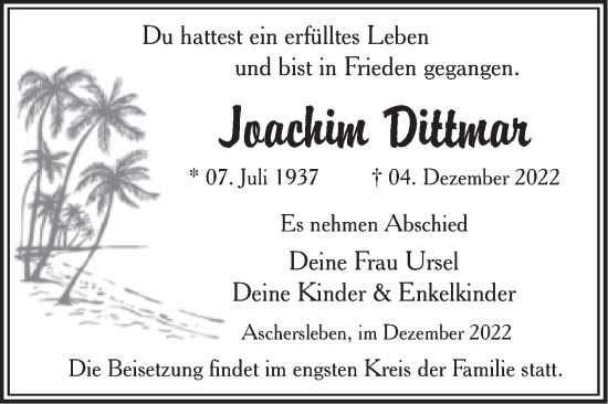 Traueranzeige von Joachim Dittmar von Trauerkombi Aschersleben