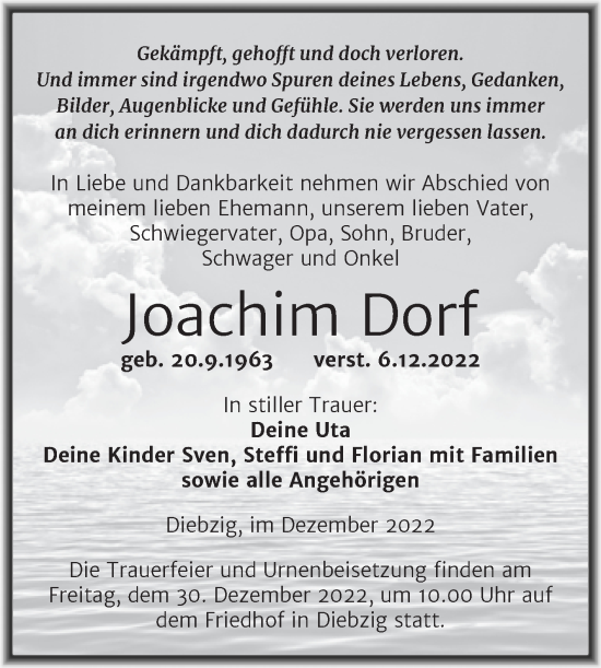 Traueranzeige von Joachim Dorf von Trauerkombi Köthen