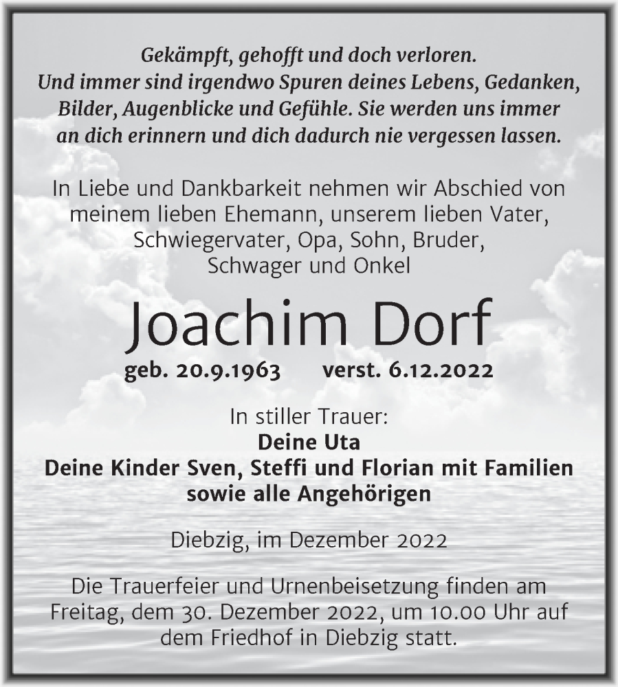  Traueranzeige für Joachim Dorf vom 09.12.2022 aus Trauerkombi Köthen
