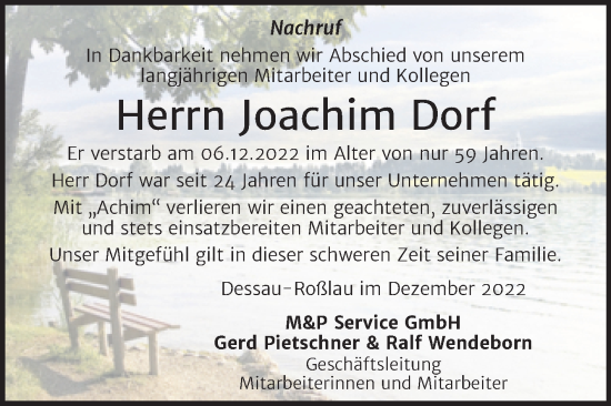 Traueranzeige von Joachim Dorf von Wochenspiegel Dessau-Roßlau