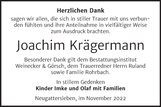Traueranzeige von Joachim Krägermann von Trauerkombi Bernburg