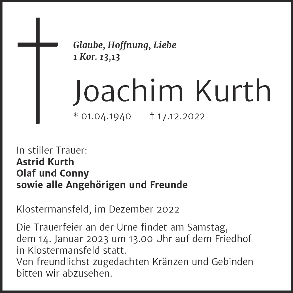  Traueranzeige für Joachim Kurth vom 28.12.2022 aus Trauerkombi Mansfelder Land