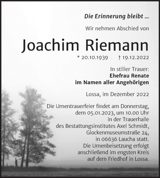 Traueranzeige von Joachim Riemann von Naumburger Tageblatt