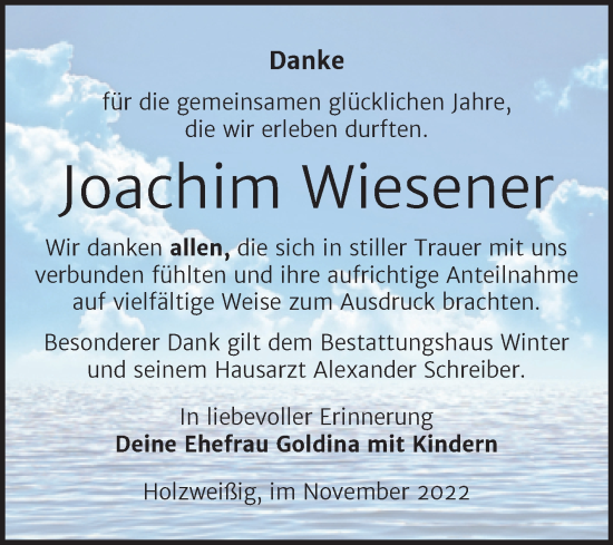 Traueranzeige von Joachim Wiesener von Trauerkombi Bitterfeld