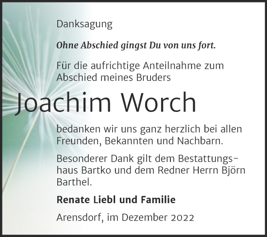 Traueranzeige von Joachim Worch von Trauerkombi Köthen
