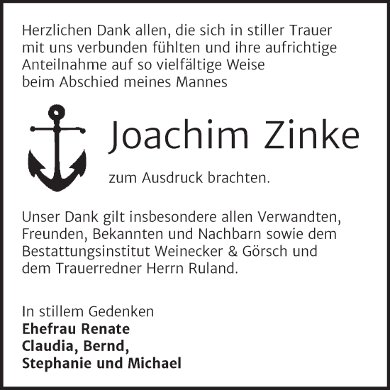 Traueranzeige von Joachim Zinke von Trauerkombi Bernburg