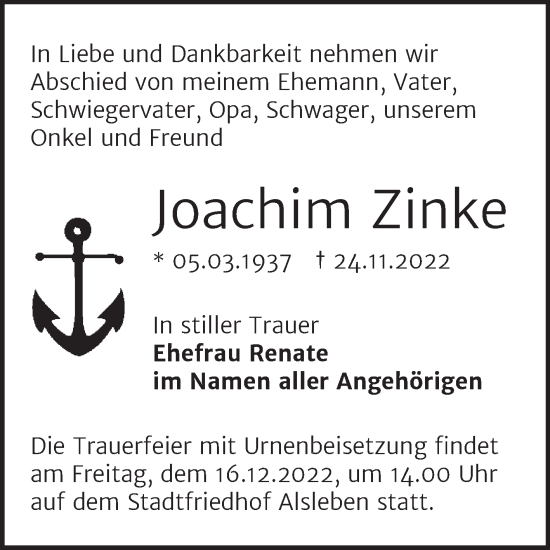 Traueranzeige von Joachim Zinke von Trauerkombi Bernburg