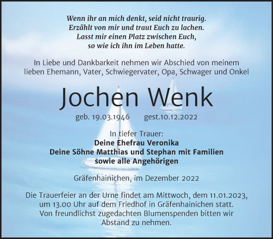 Traueranzeige von Jochen Wenk von Trauerkombi Wittenberg