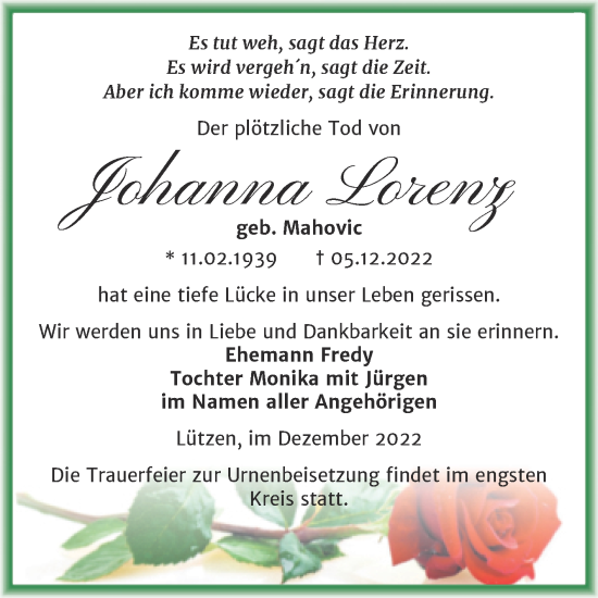 Traueranzeige von Johanna Lorenz von Trauerkombi Weißenfels