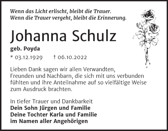 Traueranzeige von Johanna Schulz von Trauerkombi Wittenberg