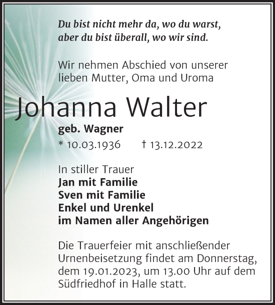 Traueranzeige von Johanna Walter von Mitteldeutsche Zeitung Halle/Saalkreis