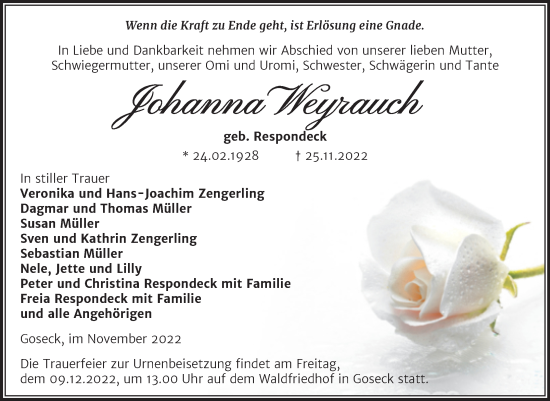 Traueranzeige von Johanna Weyrauch von Trauerkombi Weißenfels