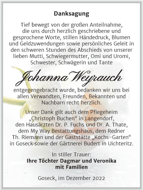 Traueranzeige von Johanna Weyrauch von Trauerkombi Weißenfels