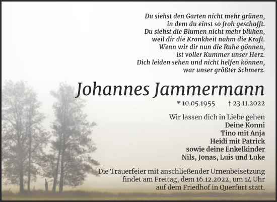 Traueranzeige von Johannes Jammermann von Trauerkombi Merseburg