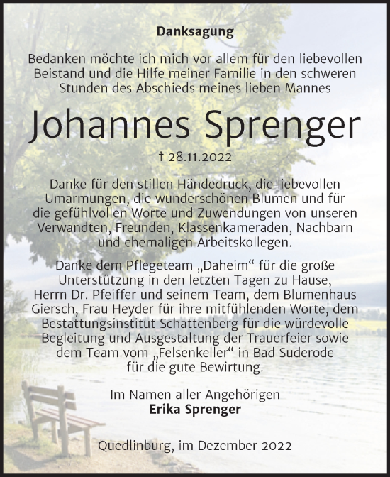 Traueranzeige von Johannes Sprenger von Trauerkombi Quedlinburg
