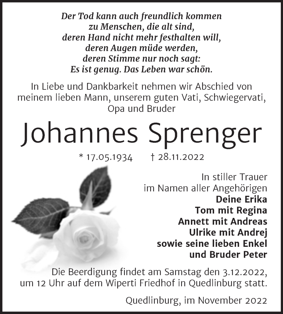  Traueranzeige für Johannes Sprenger vom 01.12.2022 aus Mitteldeutsche Zeitung Quedlingburg
