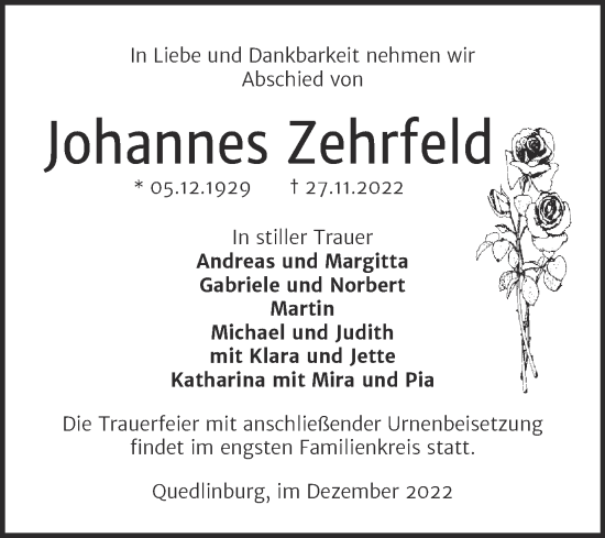 Traueranzeige von Johannes Zehrfeld von Trauerkombi Quedlinburg