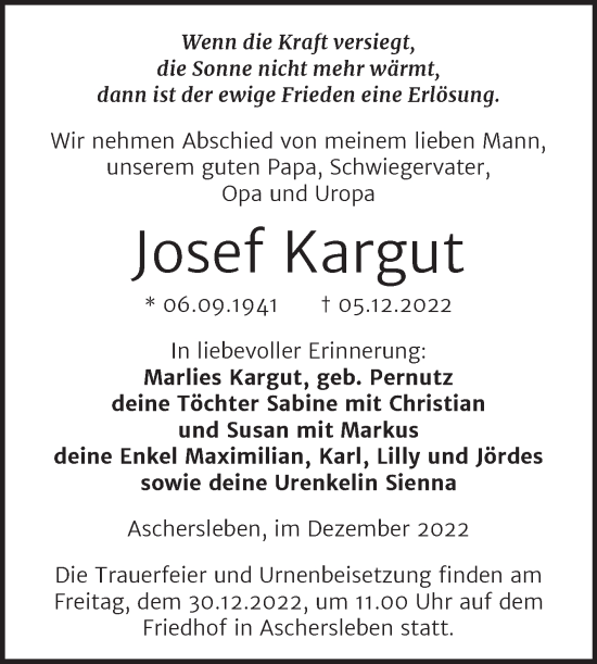 Traueranzeige von Josef Kargut von Trauerkombi Aschersleben