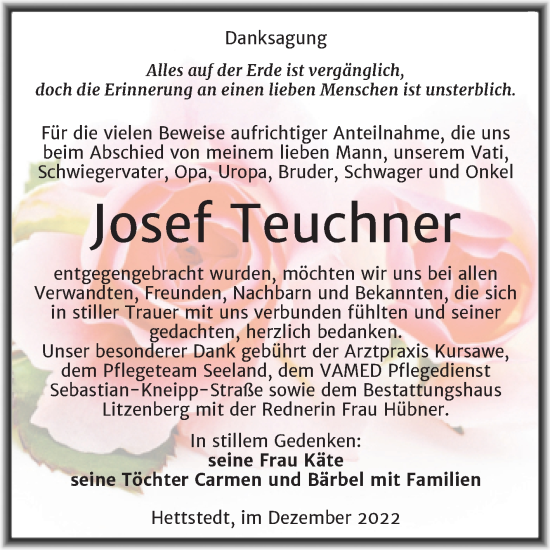 Traueranzeige von Josef Teuchner von Trauerkombi Mansfelder Land