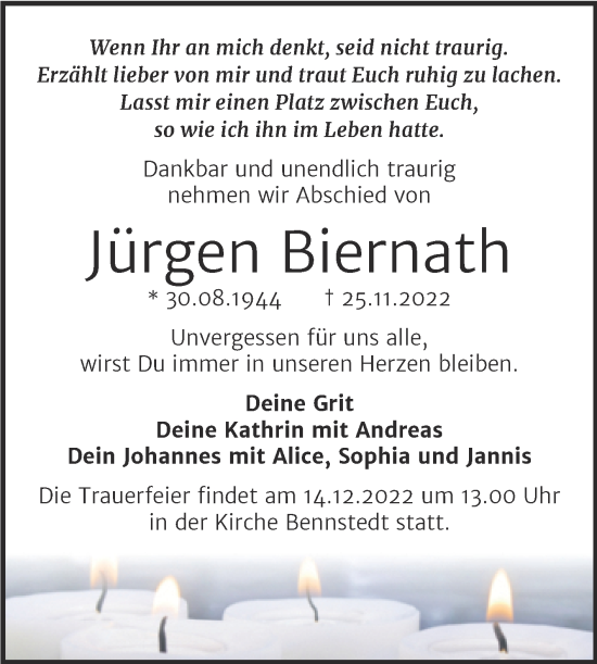 Traueranzeige von Jürgen Biernath von Mitteldeutsche Zeitung Halle/Saalkreis