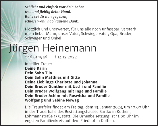 Traueranzeige von Jürgen Heinemann von Mitteldeutsche Zeitung Köthen