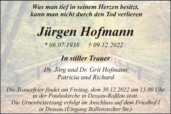Traueranzeige von Jürgen Hofmann von Trauerkombi Dessau