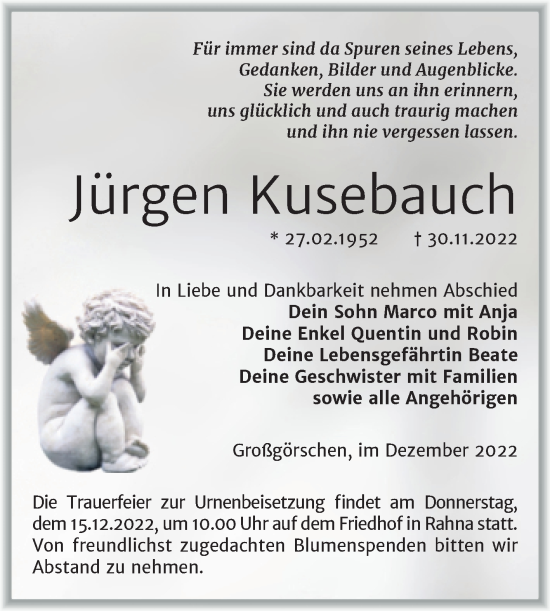 Traueranzeige von Jürgen Kusebauch von Trauerkombi Weißenfels