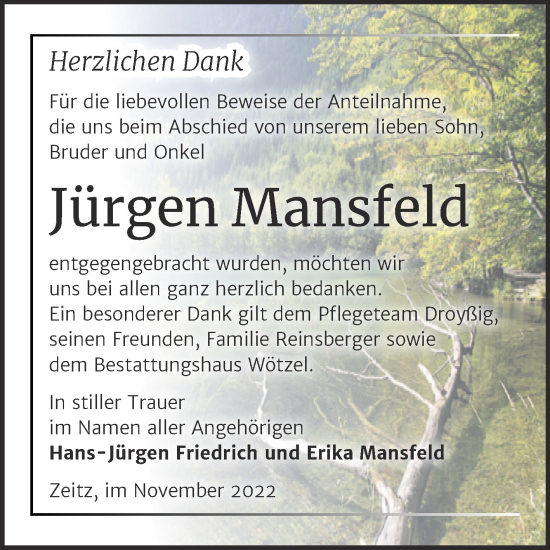 Traueranzeige von Jürgen Mansfeld von Trauerkombi Zeitz