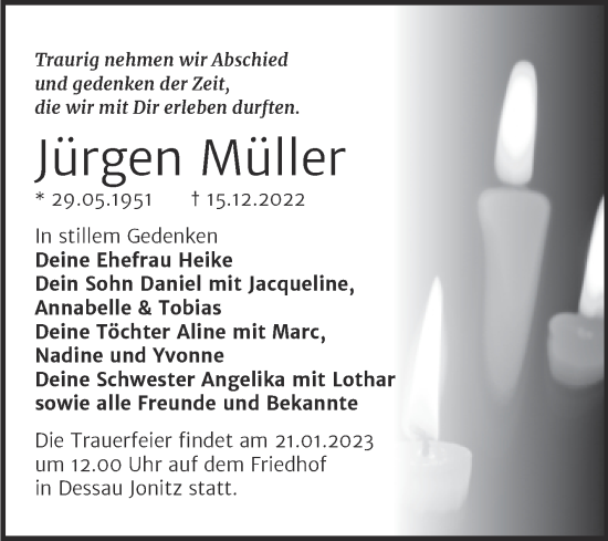Traueranzeige von Jürgen Müller von Trauerkombi Dessau