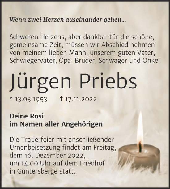 Traueranzeige von Jürgen Priebs von Trauerkombi Quedlinburg