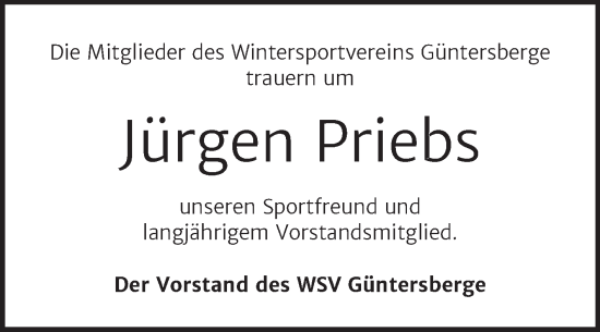 Traueranzeige von Jürgen Priebs von Trauerkombi Quedlinburg