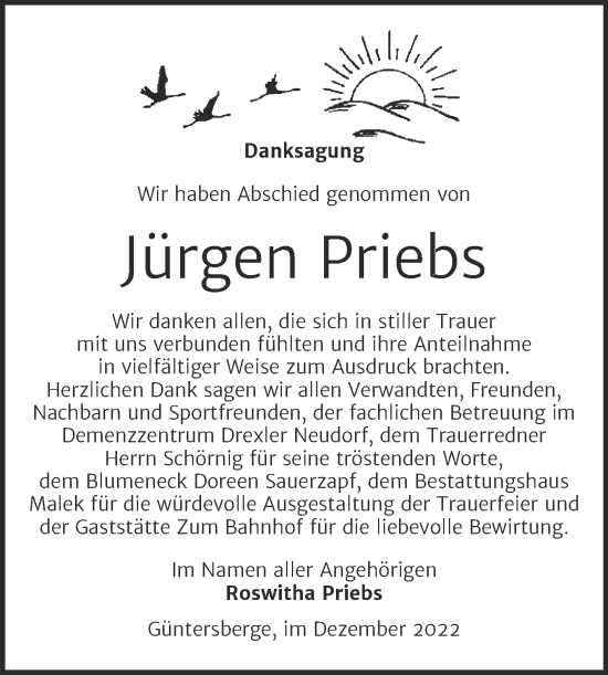 Traueranzeige von Jürgen Priebs von Trauerkombi Quedlinburg