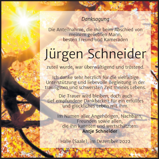 Traueranzeige von Jürgen Schneider von Mitteldeutsche Zeitung Halle/Saalkreis