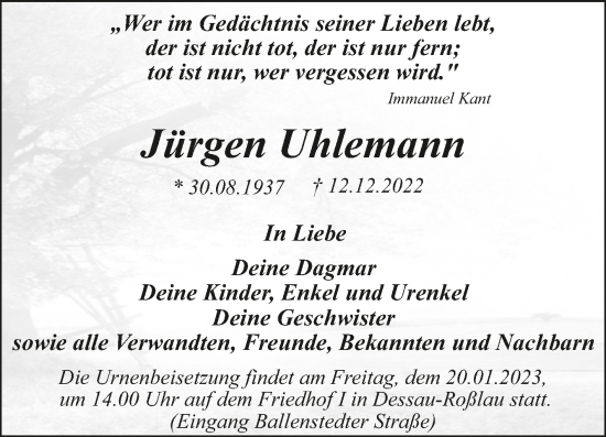 Traueranzeige von Jürgen Uhlemann von Trauerkombi Dessau