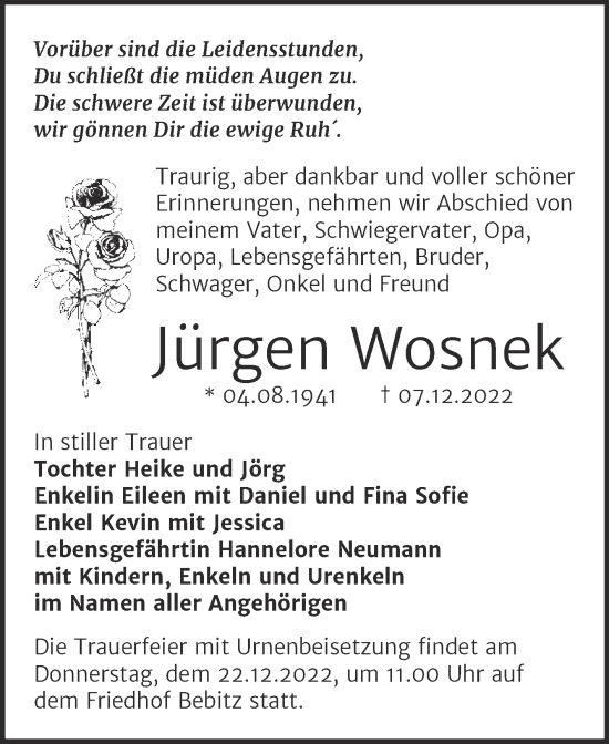 Traueranzeige von Jürgen Wosnek von Trauerkombi Bernburg