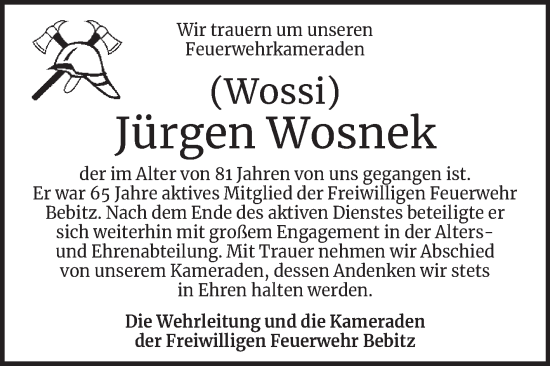 Traueranzeige von Jürgen Wosnek von Super Sonntag Bernburg