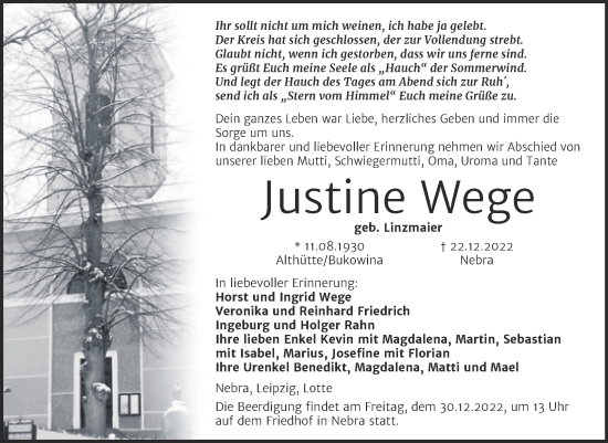 Traueranzeige von Justine Wege von Naumburger Tageblatt