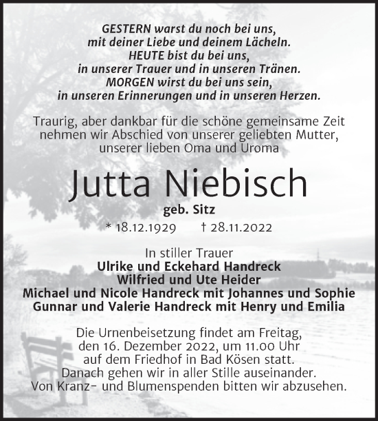 Traueranzeige von Jutta Niebisch von Naumburger Tageblatt
