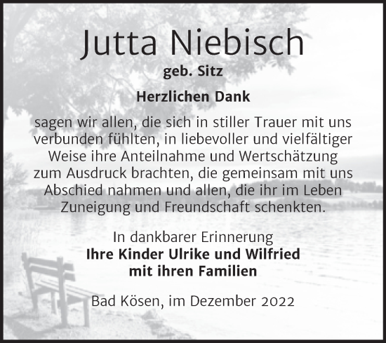 Traueranzeige von Jutta Niebisch von Naumburger Tageblatt