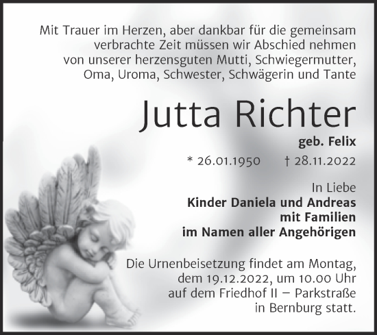 Traueranzeige von Jutta Richter von Trauerkombi Bernburg