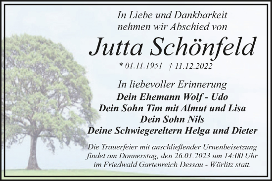 Traueranzeige von Jutta Schönfeld von Trauerkombi Dessau