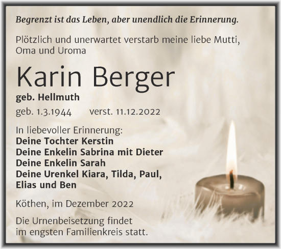 Traueranzeige von Karin Berger von Trauerkombi Köthen