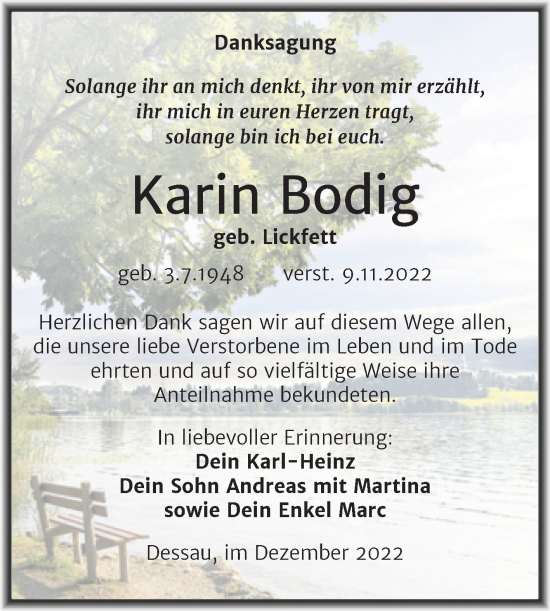 Traueranzeige von Karin Bodig von Trauerkombi Dessau