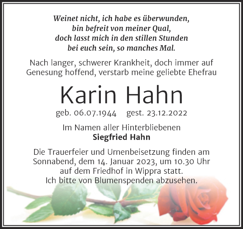  Traueranzeige für Karin Hahn vom 31.12.2022 aus Trauerkombi Mansfelder Land