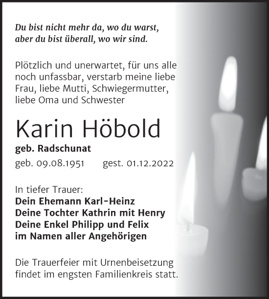 Traueranzeige von Karin Höbold von Trauerkombi Bitterfeld