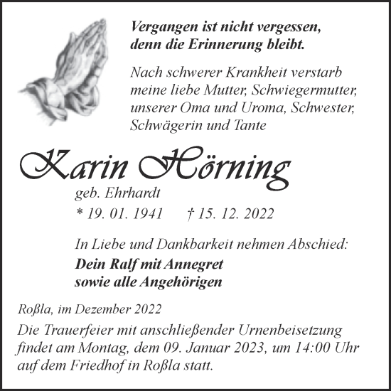 Traueranzeige von Karin Hörning von Mitteldeutsche Zeitung Sangerhausen