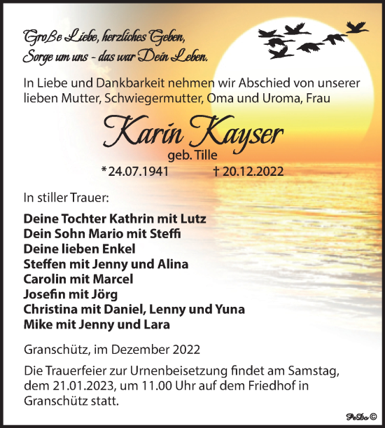 Traueranzeige von Karin Kayser von Trauerkombi Weißenfels