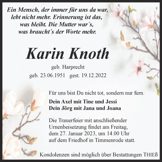 Traueranzeige von Karin Knoth von Trauerkombi Quedlinburg