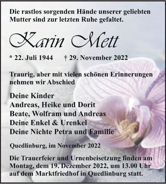 Traueranzeige von Karin Mett von Trauerkombi Quedlinburg