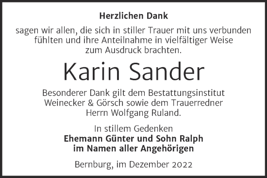 Traueranzeige von Karin Sander von Trauerkombi Bernburg